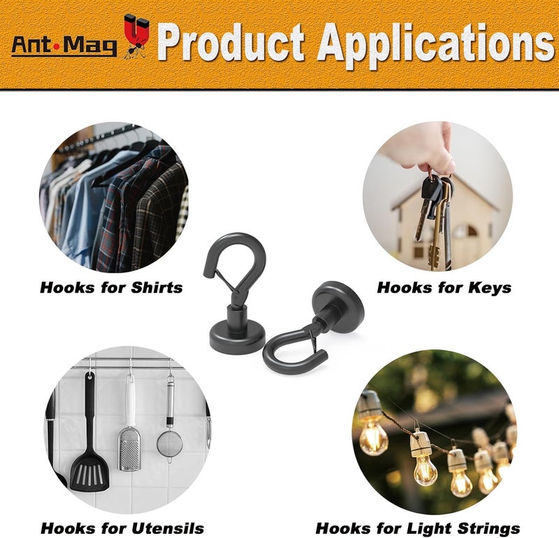 Ant Mag Black Magnetic Hooks Heavy Duty with Snap 22lbs Strong Magnet Hooks Great Hanging for Refrigerator, Cruise Cabin, Grill, Wreath,Kitchen,Office 8 Pack - Image 5